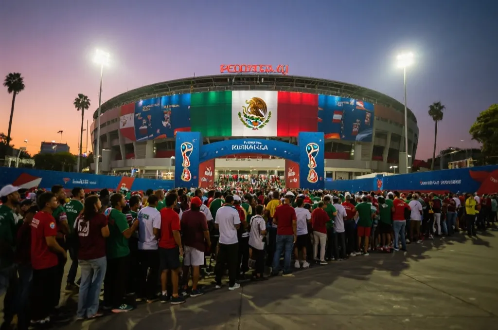 球迷在墨西哥球场外排队观赛，傍晚光线与热浪氛围